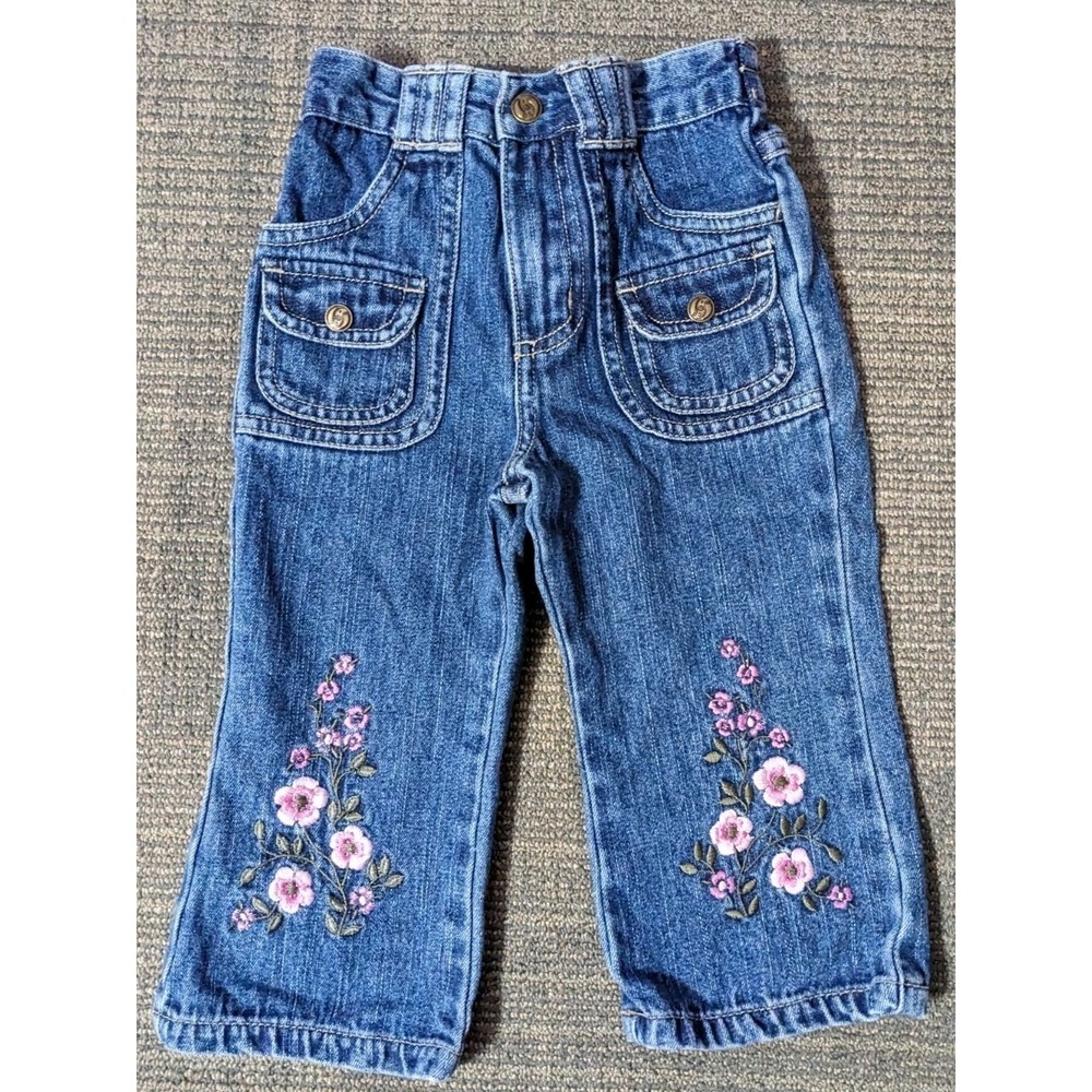 Vintage Faded Glory Baby Sz 12 Months Adorable Denim Jeans Embroidered Flowers